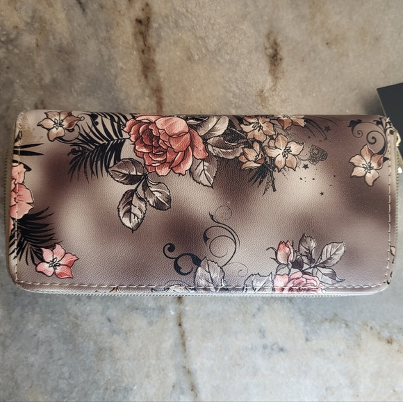 Floral Women Long Wallet Clutch Double Zip Wristlet Brown Pink Flowers - Picture 2 of 5